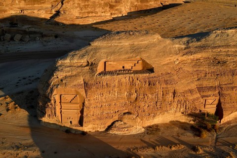 Nabataean Tombs at the Rock Qasr Al-Bint, Blue Hour, Hegra or Mada'in Salih, AlUla Region, Medina