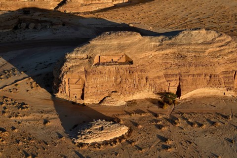 Nabataean Tombs at the Rock Qasr Al-Bint, Blue Hour, Hegra or Mada'in Salih, AlUla Region, Medina