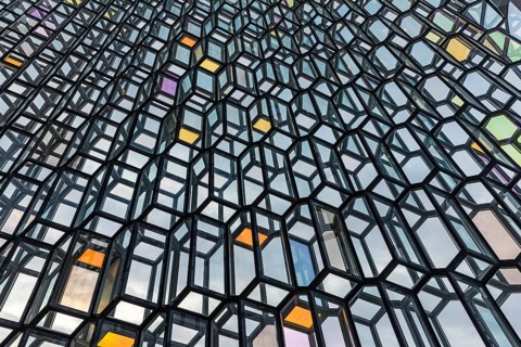 Glass facade of the Harpa Concert Hall and Congress Centre, interior view, Reykjavik, Reykjanes