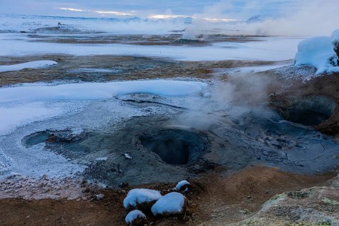 Hverir solfatar field, fumaroles, snow-covered geothermal area, North Iceland Eyestra, Iceland,