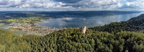 Aerial view of Lake Constance with the ruins of Altbodman with the village of Bodman-Ludwigshafen,