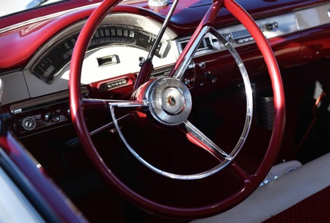 Steering wheel, Ford Custom 300 sedan, model A7 (1957) at a classic car meeting in Büsum, Germany,