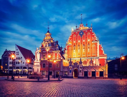 Vintage retro effect filtered hipster style image of Riga Town Hall Square, House of the Blackheads