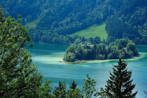 View of the beautiful Schliersee in August, Pre-Alps, Bavaria, Germany, Europe