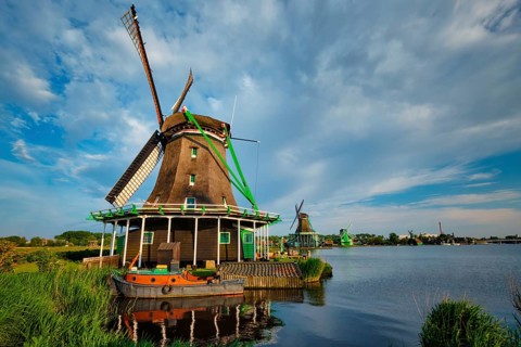 Netherlands rural lanscape, windmills at famous tourist site Zaanse Schans in Holland. Zaandam,