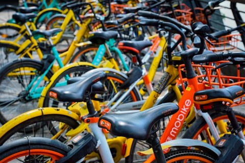 CHENGDU, CHINA, APRIL 15, 2018: Mobike bikes for share parked in Chengdu, Sichuan, China, Asia