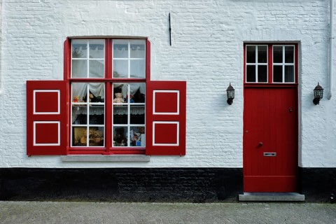 Door and window of an old house, Bruges (Brugge), Belgium, Europe