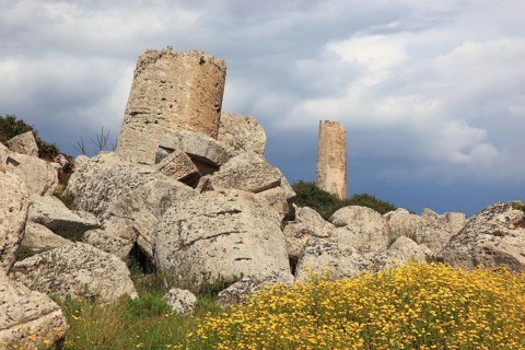 Selinunte, column parts, debris from a temple in the archaeological site of Selinunte, Trapani