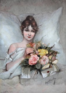 Young woman with a bouquet of flowers, colour print as art supplement Zur guten Stunde, 1897. After
