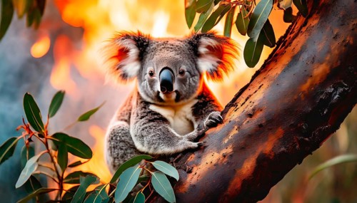 Climate change, global warming, bushfires, a koala in Australia sitting on a burning eucalyptus