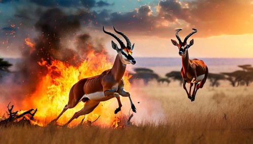 Climate change, global warming, bush fire, two antelopes flee in great leaps from a fire in the