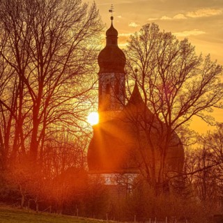 Sunset, Church of St John the Baptist and the Holy Cross, Westerndorf, Pang, Bavaria, Germany,