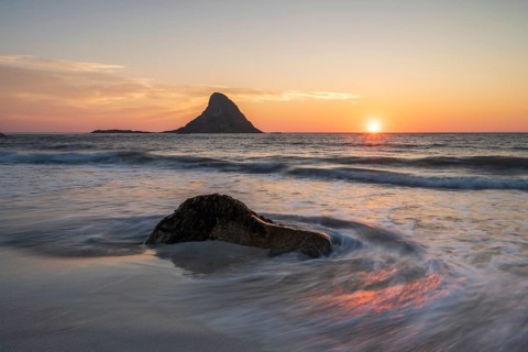 Sandy beach beach with island in the sea near Bleik, sunset, Andoya Island, Vesterålen, Northern