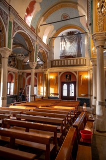 Interior view of the Basilica of San Giorgio in Ano Syros, nave with pews and organ, Ano Syros,