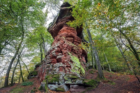 Old castle rock, red sandstone rock formation, natural and cultural monument, Brechenberg near