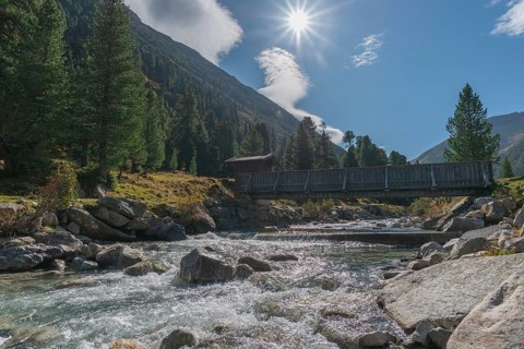 Wooden bridge over Zamser Bach in the valley Zamser Grund, Schlegeis, hiking trail, coniferous