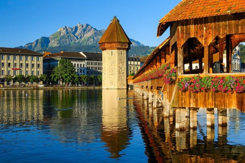 Chapel Bridge with Pilatus, City of Lucerne, Switzerland, Europe
