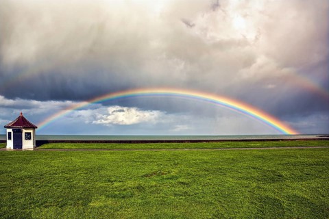 Seaside promenade, beach cottage with double rainbow, Bray, Wicklow, Ireland, Europe