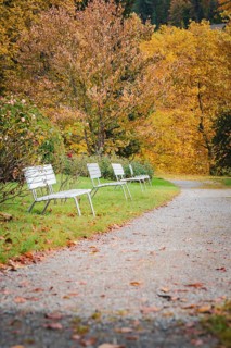 White benches in a row in the spa gardens during autumn, Bad Wildbad, Black Forest, Germany, Europe