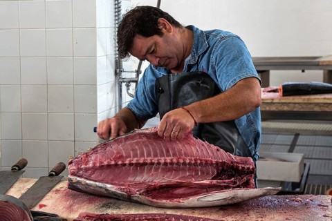 Tuna being cut up, fish hall, fish market, market hall Mercado dos Lavradores, Funchal, Madeira