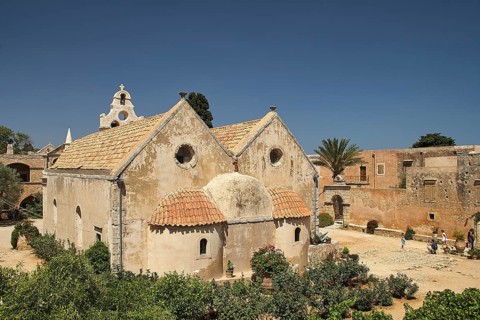 Church, courtyard, palm tree, Arkadi, Orthodox monastery, national monument, Rethimnon province,