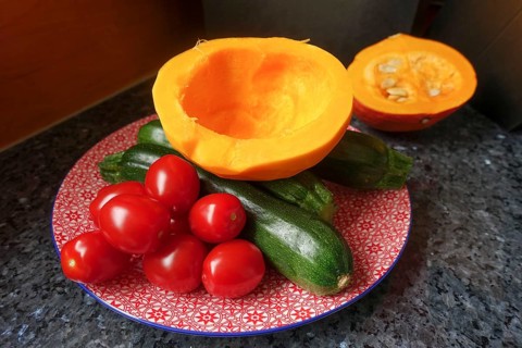 Swabian cuisine, preparation of vegetable mini dinettes, tomatoes, courgettes and pumpkin on