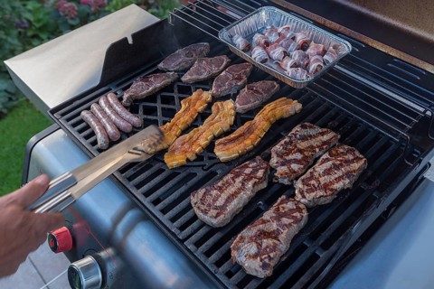Various types of meat on a gas grill, Bavaria, Germany, Europe