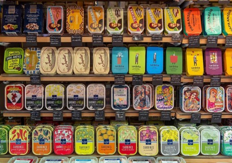 Shop window with sardine cans, Vienna, Austria, Europe