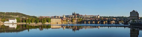Panorama view of Charles bridge over Vltava river and Gradchany (Prague Castle) and St. Vitus