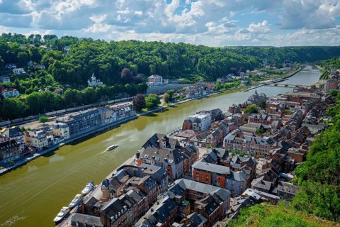Aerial view of Dinant town, Collegiate Church of Notre Dame de Dinant, River Meuse and Pont Charles