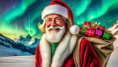 Christmas, Father Christmas with a sack full of presents stands in a snowy landscape, there are