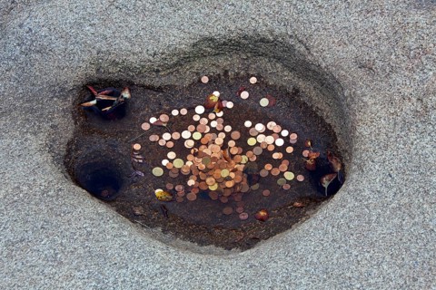 Coins in the water of the Rosstrappe wishing well, horseshoe imprint in the rock at the Roßtrappe,