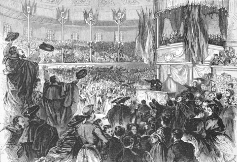 Rally at Circus Price in Madrid for the abolition of slavery in the colonies, 1869, Spain,