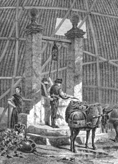 The fountain at the Alhambra in Grenada, drinking water is loaded into jugs transported by donkeys,