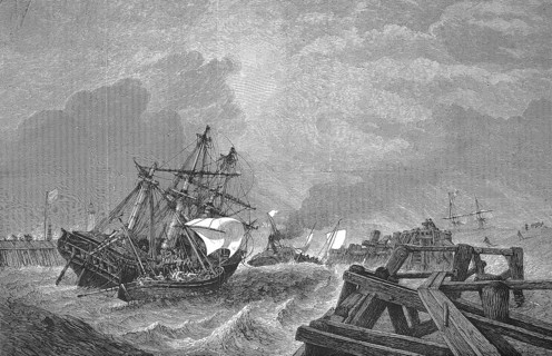 Rescue of a ship in front of the harbour entrance of Yarmouth, Isle of Wight, 1869, England,