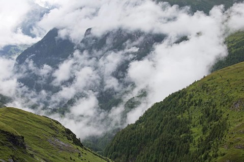 Low hanging clouds hanging over the Mölltal, Moelltal valley in summer, Hohe Tauern National Park,