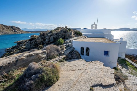 Monastery of Agios Ioannis Detis on the coast between rocks, Paros, Cyclades, Greece, Europe