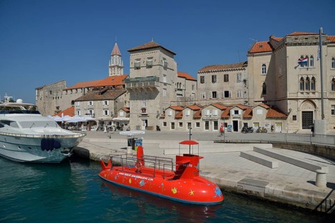 Red semi-submarine in the harbor, old town, Unesco World Heritage Site, Trogir, Dalmatia, Croatia,
