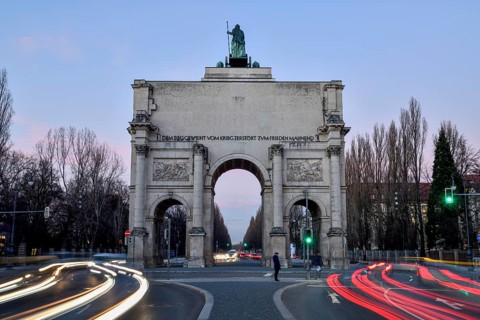Siegestor by the architect Friedrich von Gärtner (1852), blue hour, Munich, Bavaria, Germany,