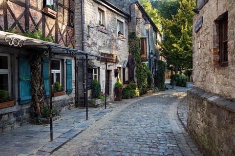 Houses and restaurants in natural stone in an alley in Durbuy, smallest town in the world,