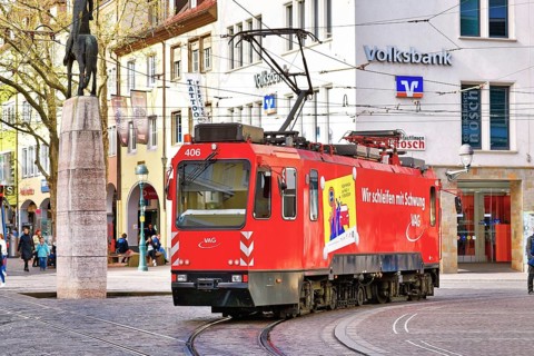 Freiburg, Germany, April 2022: Rail grinder vehicle on streetcar tracks in city center, Europe