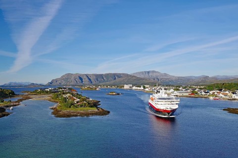 Hurtigruten ship from above, island and mountains, Bronnöysund, Helgeland, Nordland, Norway, Europe