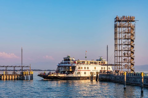 Friedrichshafen ferry and the observation tower at the harbour of Friedrichshafen, Lake Constance,