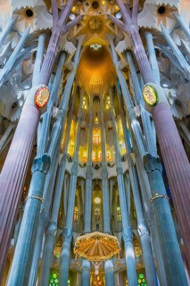 Interior view of the Familia Sagrada by the architect Antonio Gaudi in Barcelona, Spain, Europe
