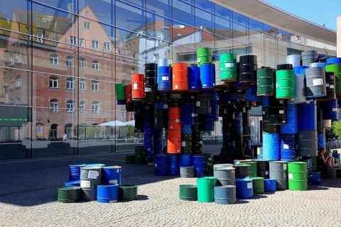 Nuremberg, Art with barrels in front of the Neues Museum Nuremberg, State Museum of Art and Design,