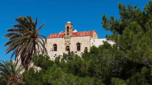 Church, red roof, close, palm tree, tree, blue sky, Chrissoskalitissa, rock monastery, Orthodox
