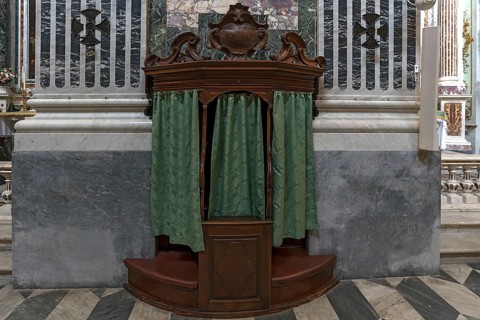 Historic confessional in the Chiesa dei Santi Vittore e Carlo, built in 1650, Via Balbi, 7, Genoa,