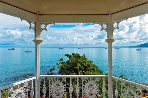 View from the garden pavilion of a hotel to the bay with sailing ships, travel, holiday, sea, Arlie