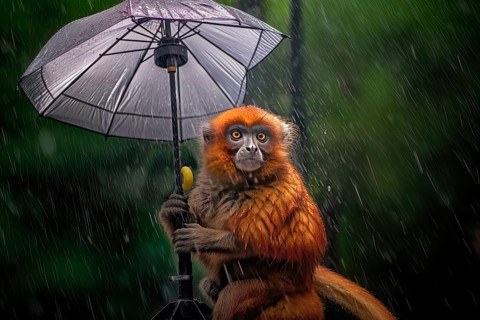 Titi monkey on a branch with a rain umbrella under a heavy shower in the rainforest, AI Generated