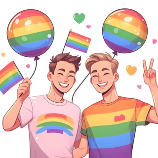 LGBT concept gay couple holds pride rainbow flag and balloons. AI generated
